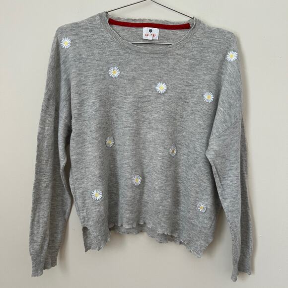 SUNDRY Gray Cashmere Wool Blend Crewneck Sweater with Embroidered Daisies - Picture 1 of 13